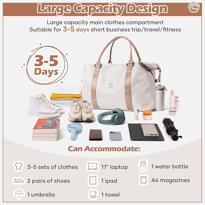 Gym Bag Womens Mens with Wet Pocket, Travel Duffel Bag for Plane, Sport Gym Tote Bags Swimming Yoga, Waterproof Weekend Overnight Carry on Bag Hospital Holdalls,Off White