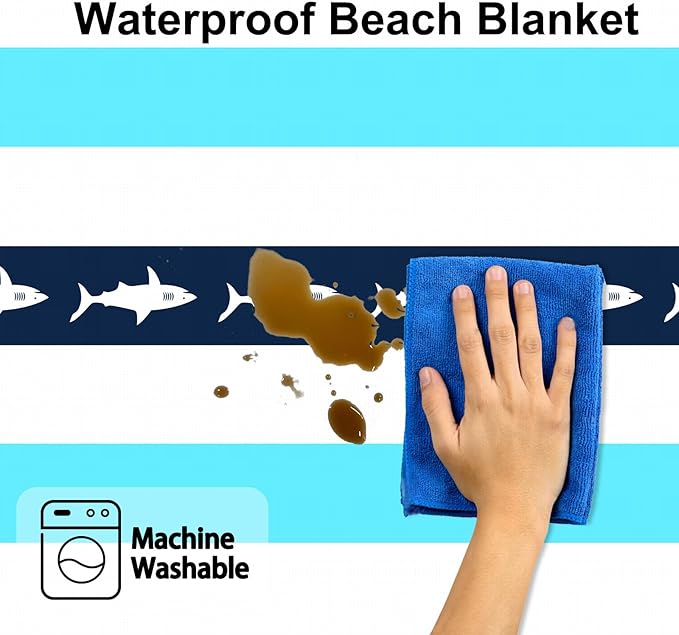 Waterproof Sandproof Beach Blanket, Blue Stripe Shark Beach Mat Oversized for 2-4 Person, Compact Sand Free Quick Dry Polyester Outdoor Picnic Blanket for Travel, Camping, Hiking