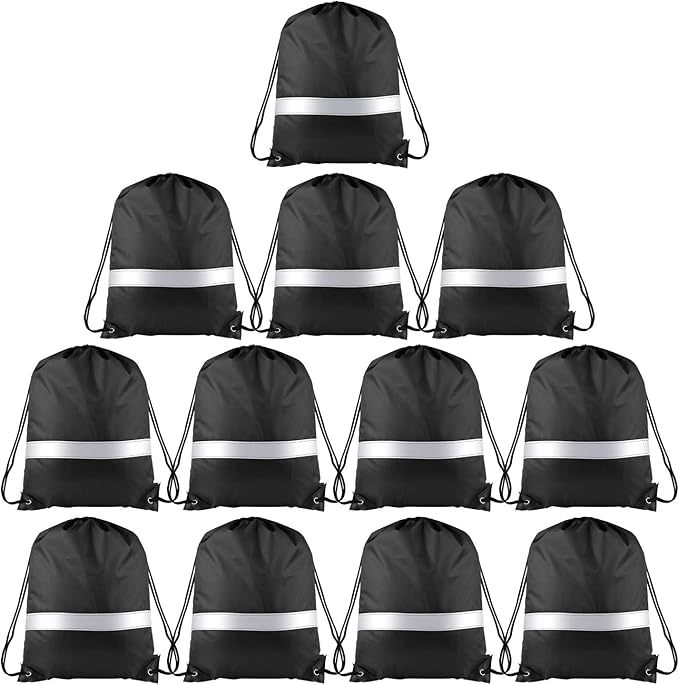 KUUQA 12 Pcs Drawstring Backpack Bag Bulk Reflective Backpack Black String Bags Cinch Sack Backpack for Team Yoga Sport Gym Traveling