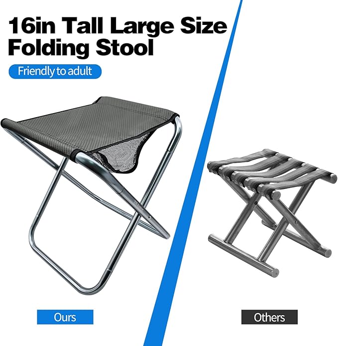 2 Pack Camping Stool, 16in Tall Large Size Folding Stool with Carry Bag, Aluminum Alloy Bracket, 1.5lbs Lightweight, Load Capacity to 300lbs, for Travel, BBQ, Fishing(2 Pack Grey)