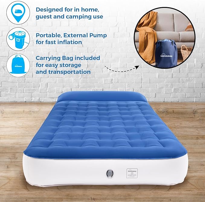 SoundAsleep Dream Series Big Kids Air Mattress with High Speed External Pump - Portable, Blow up Bed for Big Kids - Inflatable Air Mattress for Home and Camping