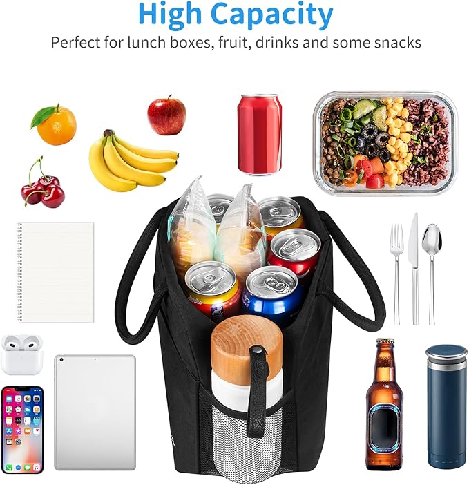 Lunch Bag Lunch Box for Women Men Reusable Insulated Lunch Bags for Adults,Water-Resistant Cute Cooler Lunch Tote Bag, Large Capacity for Work Travel Picnic,Black
