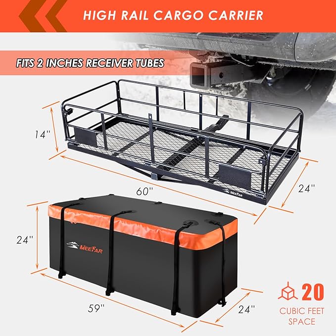 MeeFar High Rail Trailer Folding Hitch Mount Cargo Carrier Basket 60" X 24" X 14"+Waterproof Cargo Bag 20 cu ft(59" 24" 24"), Capacity of 500 Lbs with Hitch Stabilizer, Net, Lock and Straps