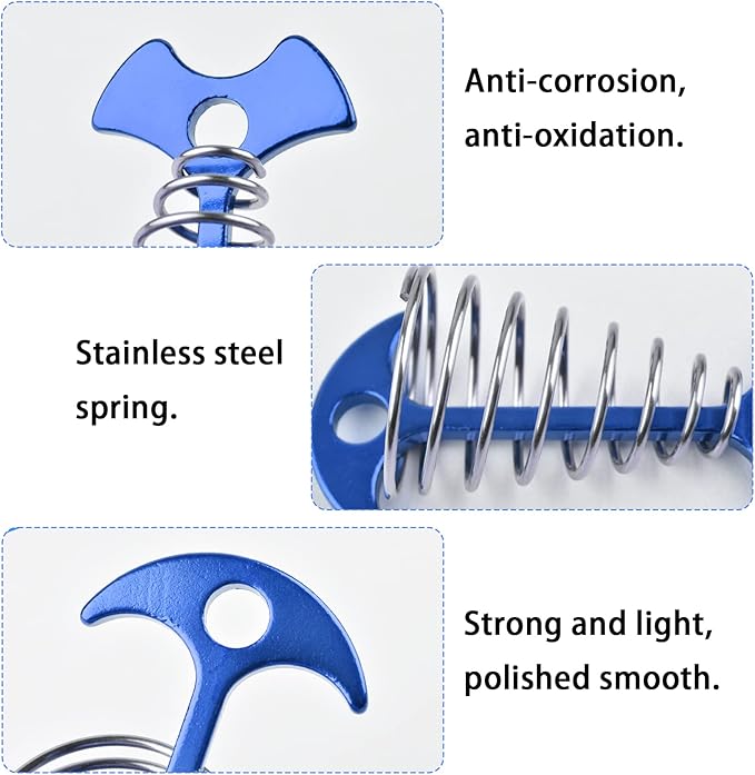 Tent Stakes, 8Pcs Fishbone Deck Anchor Pegs, Aluminium Alloy Fishbone Rope Tensioner Kit, Windproof Ultralight Plank Board Tent Stakes, Spring Anchor Guyline Cord Adjuster for Camping Hiking (Blue)