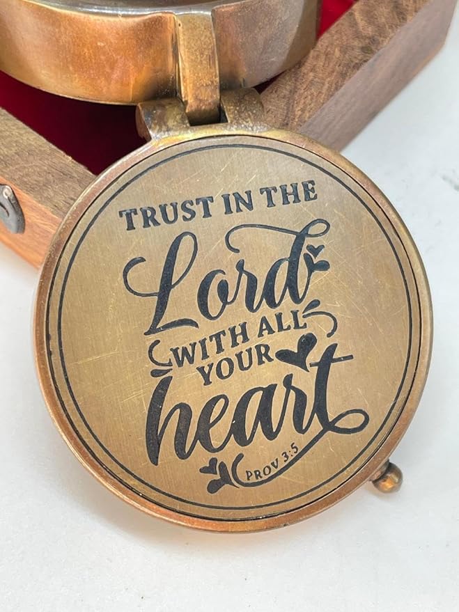 Brass Compass Engraved “Trust in The Loard” Compass is Unique Birthday Gifts for Men, Husband or Wife Customize Antique Compass is a Classy Gifts, with a Wooden Box.