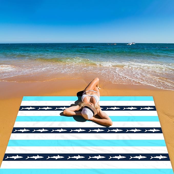 Waterproof Sandproof Beach Blanket, Blue Stripe Shark Beach Mat Oversized for 2-4 Person, Compact Sand Free Quick Dry Polyester Outdoor Picnic Blanket for Travel, Camping, Hiking