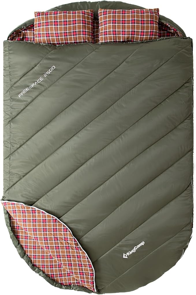 KingCamp Double Sleeping Bag for Adults, Queen Size 2 Person XXL Flannel Sleeping Bag, Waterproof Lightweight Flannel Quilt with 2 Pillows, Perfect for Couples Family Camping Hiking