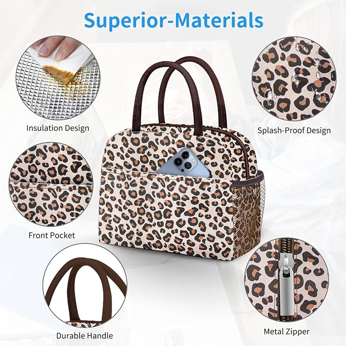 Lunch Bag Women,Lunch Box Adult for Women Men Reusable Insulated Lunch Tote Bag,Leakproof Food Handbags Case High Capacity for Travel Work Picnic Beach,Leopard