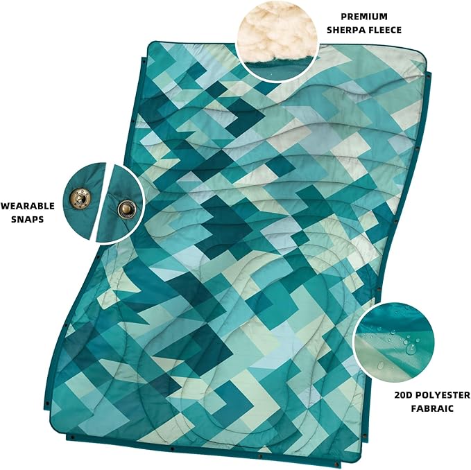 Outdoor Camping Blanket with Sherpa Lining, Extra Warm Thick Camp Blankets & Puffy Ultralight Soft Poncho DWR Camping Quilt for Cold Weather, Adventure,Sleeping,Backpacking 56"x 40"