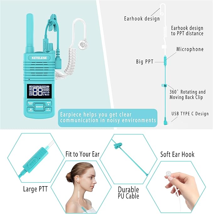Walkie Talkies Long Range with Acoustic Tube Earpiece, Portable FRS Two-Way Radios, USB C Rechargeable walky talky for Adults, for School Restaurant Church Business(2 Pack), Blue