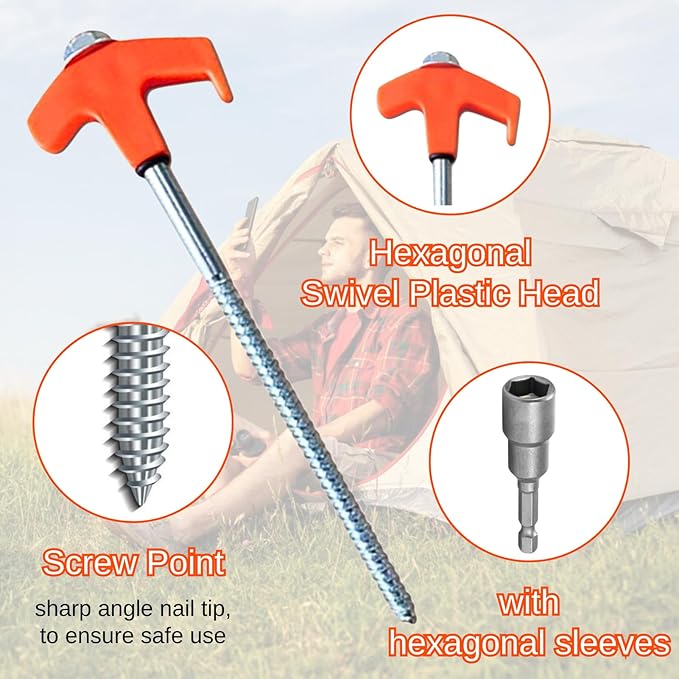 8" Screw in Tent Stakes - Ground Anchors Screw in, Screw in Tent Stakes Heavy Duty, Tent Pegs Camping Stakes, Metal Threaded Tent Spikes, Screw Tent Stakes with Hex Sleeves (12Pcs+Box Orange)