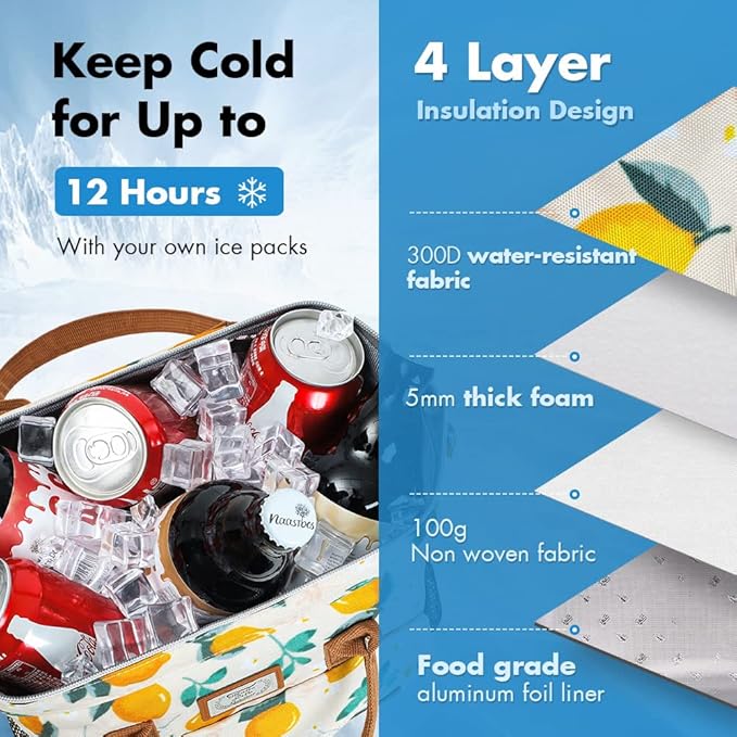 Lekesky Lunch Bags for Women Insulated Thermal Lunch Tote Bag Durable Large Lunch Box Container Drinks Holder for Adults Work College Picnic Beach Park, Lemon