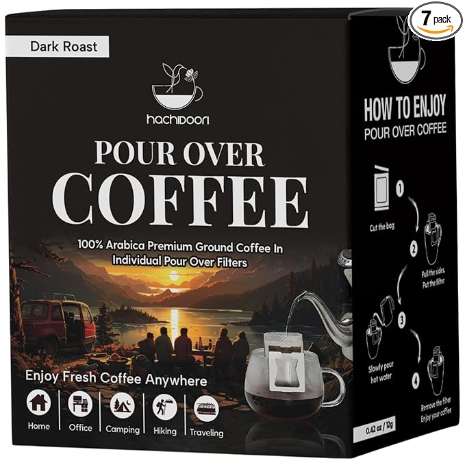 Hachidoori Single-Serve Portable Pour Over Drip Coffee – 7 Ready-to-Brew Packs with Ground Coffee & Filters | Fresh Coffee Anytime – Travel, Camping, Office.