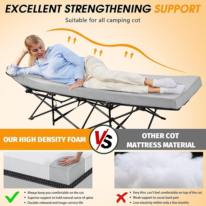 CYMULA Camping Cot Mattress 2in Memory Foam Sleeping Pad,Soft Warm Non-Slip Camping Mattress Topper with Retaining for Adults,Portable Roll up Mattress Pad for Travel (75 x30)(only Mattress)