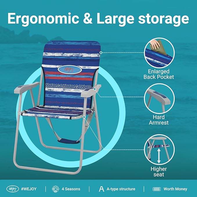 #WEJOY Folding Beach Chair for Adults, Lightweight Beach Chair with Shoulder Straps, High Back Beach Chairs with Hard Armrest, Supports 300lbs for Beach Lawn Concert