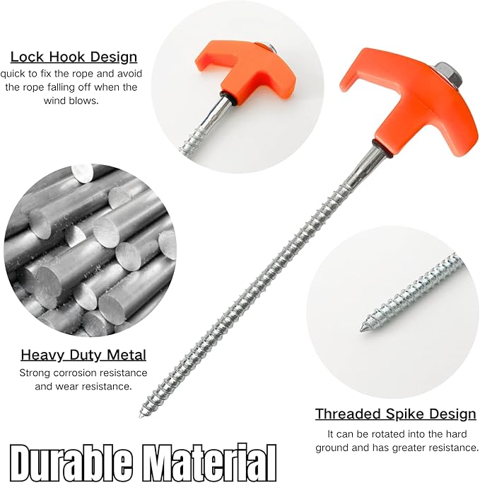 Screw in Tent Stakes, 8" Camping Stakes Non-Rust Heavy Duty Metal Threaded Tent Spikes Tent Peg Ground Stake for Outdoor Camping