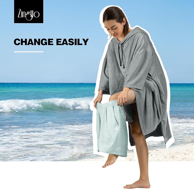 Surf Poncho Changing Robe, 3/4 Sleeve Extra Large Thick Hoodie Towel Poncho for Men Women Beach Swimming, 39"x33", Gray