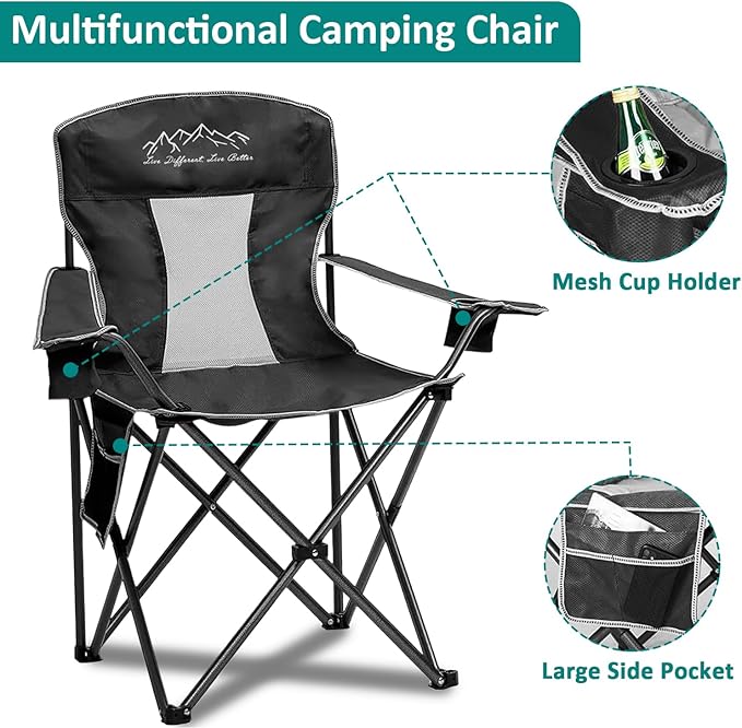 Outdoor Folding Camping Chair with Cup Holder, Storage Bag, Large Anti-Sink Feet, 325lbs Capacity, Breathable Mesh Portable Chair for Camping, Beach, Fishing, Sports, Black