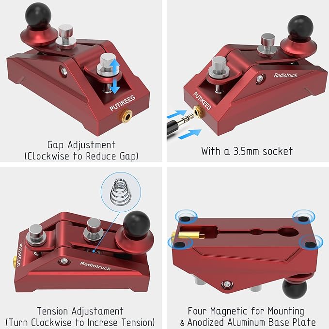 CW Morse Code Key - Pocket Morse Code Telegraph Key Aluminum Alloy Base Grey for Amateur Radio Ham Operators, Adjustable Tension (Red-09)