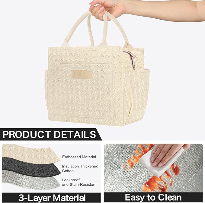 Joymee Lunch Bag Women Insulated Lunch Box Reusable Leakproof Large Spacious Cooler Tote for Women Men Adult with Bottle Holder and Side Pockets for Work Office Travel Picnic - B-Beige