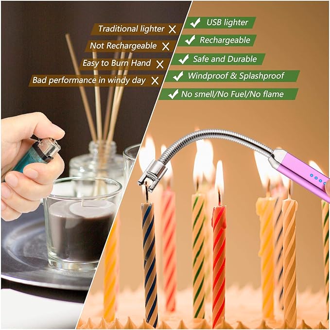 MEIRUBY Lighter Electric Candle Lighter Birthday Gifts for Women Mom Wife Men, Long Electronic Rechargeable USB Lighter Arc Windproof Flameless Lighters for Candle Camping BBQ (Purple)