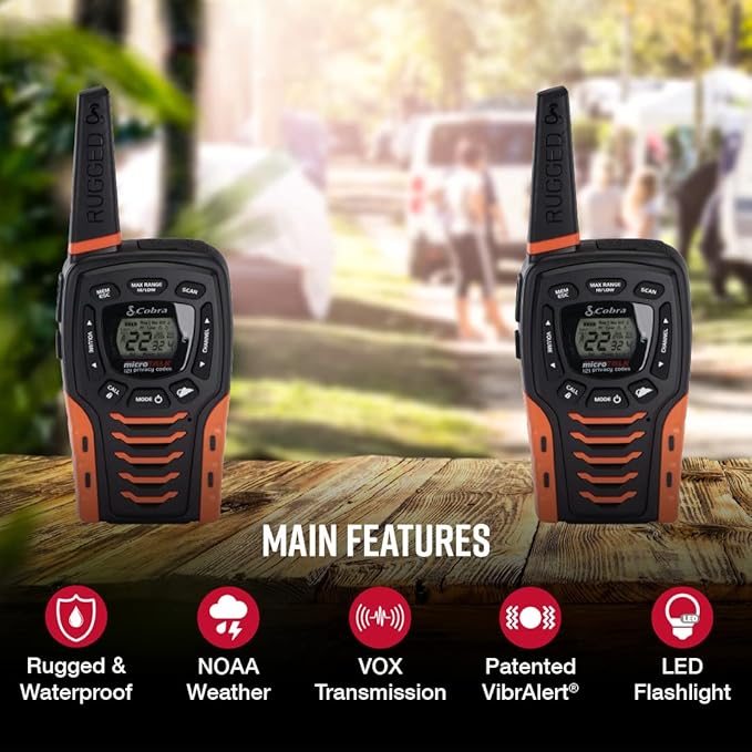 Cobra ACXT645 Waterproof Walkie Talkies for Adults with Compatible Cobra Surveillance Headset Microphone: Rechargeable, 22 Channels, 35-Mile Range, 2 Two-Way Radios, 2 Headsets, Black/Orange