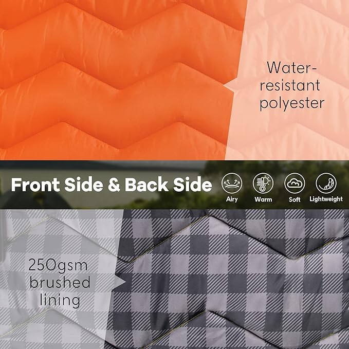UNIKOME Outdoor Packable Camping Blanket, Lightweight Travel Blanket Waterproof Warm Camping Blanket for Hiking, Camping, Puffy Down Alternative Camping Blanket with Corner Loops, 75"×52", Orange