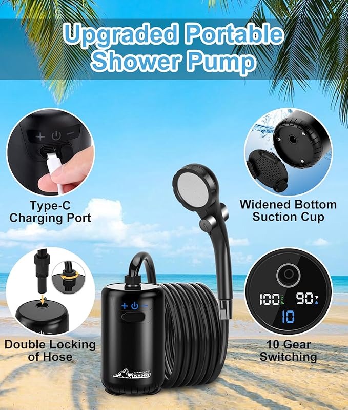 WADEO Portable Shower for Camping, 6000mAh Rechargeable Camping Shower with Fahrenheit Display, 10 Gear Switching, IPX8 Waterproof, Ideal for Outdoor Camping, Travel, Car Washing, Pet Bathing