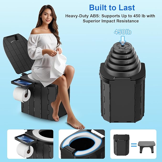 Portable Toilet for Adults & Kids, Foldable Camping Travel Potty with Lid & Paper Holder, Upgrade Water Barrier,Compact Lightweight Design for Car/RV/Hiking/Beach/Camping,450lbs Capacity