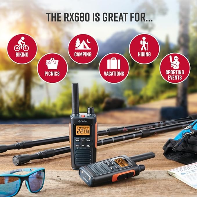 Bundle of Cobra RX680 Walkie Talkies (2-Pack) + Cobra ACXT1037R FLT Floating Walkie Talkie (1 Pack)