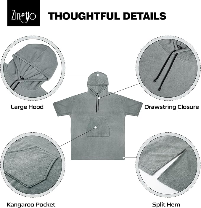 Surf Poncho Changing Robe, 3/4 Sleeve Extra Large Thick Hoodie Towel Poncho for Men Women Beach Swimming, 39"x33", Gray