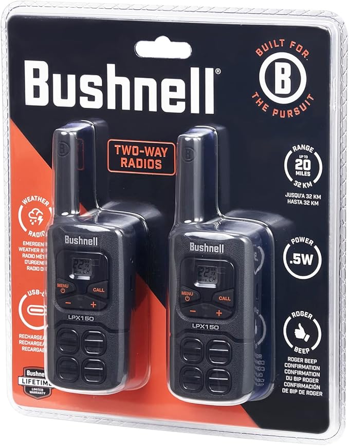 Walkie Talkies by Bushnell - LPX150 Long Range 2-Way Radio with NOAA Weather Radio - Heavy Duty Shock Resistant - 22 Channels & USB-C Charging (2 Pack)