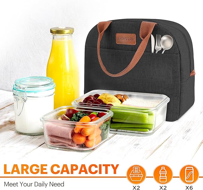 Lunch Bag for Women & Men Adult Insulated Lunch Box, Small Leakproof Cooler Food Lunch Containers Reusable High Capacity Lunch Tote Bags for Work, Travel, Outdoor (Black)