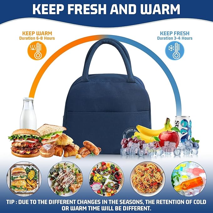 Insulated Lunch Bag for Men & Women - Leakproof Lunch Box for Cooling/Warming, Portable & Small Lunch Bag for Work, Picnic, Travel - Navy Blue