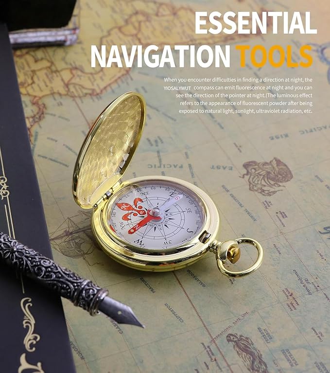 Golden Antique Brass Compass Keychain - Waterproof Pocket Compass for Kids, Perfect Survival Tool & Gift for Boy Scouts with Vintage Golden Compass Design