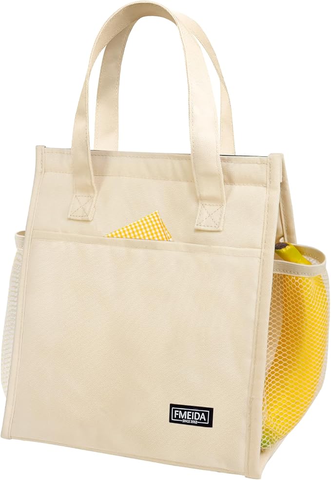 Fmeida Insulated Lunch Bag Women, Simple Lunch Tote Bags, Waterproof Thermal Cooler Lunch Bag, Reusable Adult Lunch Box Bag for Women | 9L Beige, Front&Side&Interior Pockets