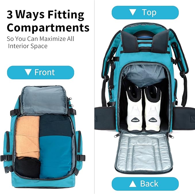 Ski Boot Bag Backpack, 50L Large Capacity Water-Resistant Padded Ski Travel Bag & Snowboard Boot Bag for Ski Boots, Helmet, Goggles, Clothes, Gloves, Snowboard Gear (Cyan)