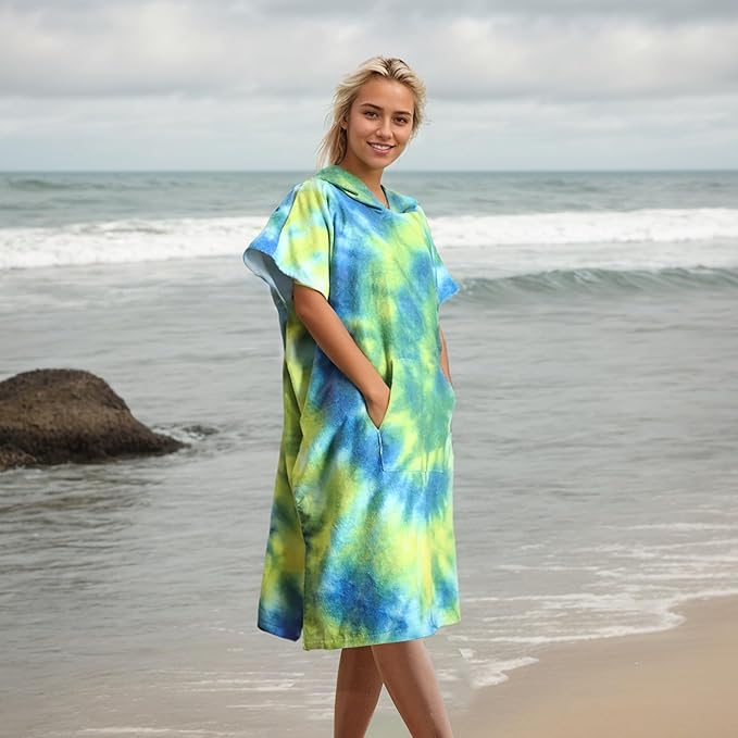 Rainleaf Surf Poncho Changing Towel Quick Dry Pool Swim Beach Towel with Hood and Front Pocket Warm and Soft Microfiber RobeTowel for Women and Men-Aurora