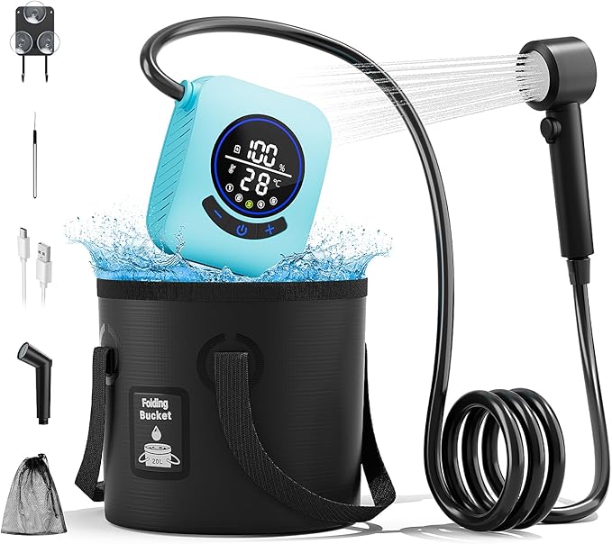 8000mAh Portable Camping Shower, Upgrade Rechargeable Electric Shower Pump with 5 Gallon Bucket, Intelligent LED Display,Portable Shower for Outdoor