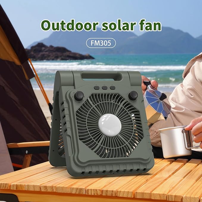 Triple-Power Solar Camping Fan 10000mAh Portable Fan/LED Lantern/Power Bank, 3-Speed Settings with Solar Charging & Timer & Bracket - Compact Cooling for Outdoor/Tent/Workspaces (Green)