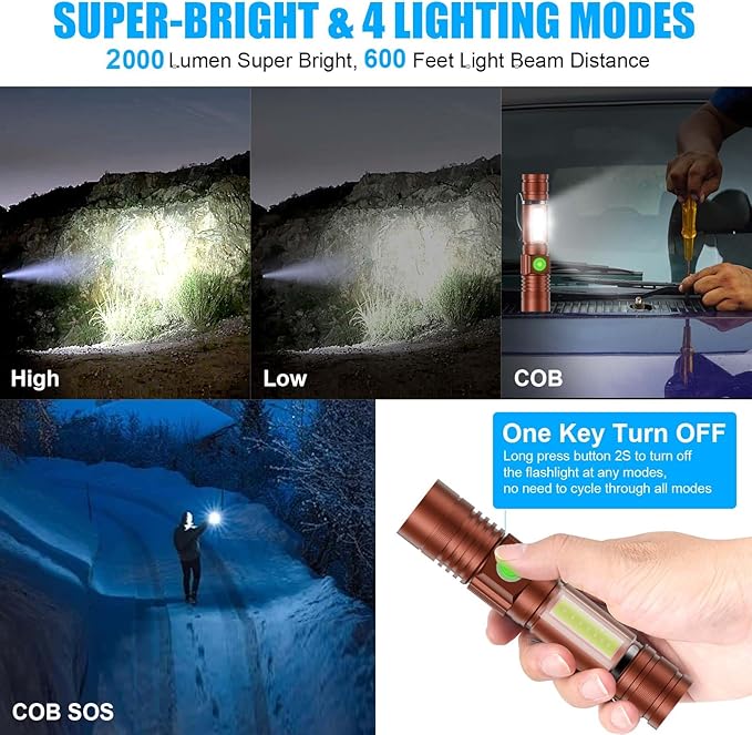 Flashlight USB Rechargeable, Magnetic LED Flashlight, Super Bright LED Tactical Flashlight with Cob Sidelight, 2000LM, Waterproof, Zoomable Best Small LED Flashlight for Camping, Emergency - Brwon
