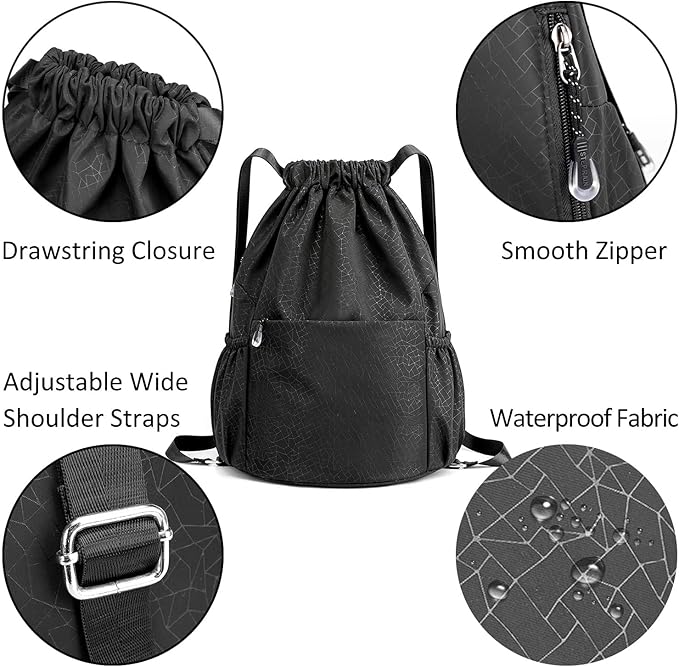 Drawstring Backpack Sports Yoga Sackpack for Women Men Waterproof Nylon Gym Sack DayPack with Multi Pockets (Black)