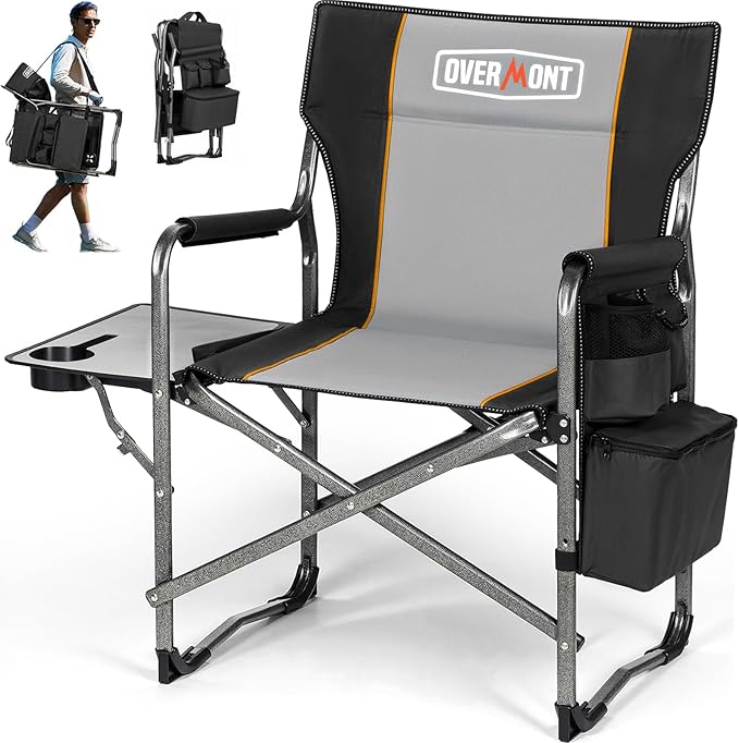 Overmont Oversized Lightweight Camping Chair - Comfortable Heavy Duty Foldable Directors Chairs with Side Table & Cooler Bag for Outside Camp Beach Picnic Lawn and Fishing Supports 400lbs