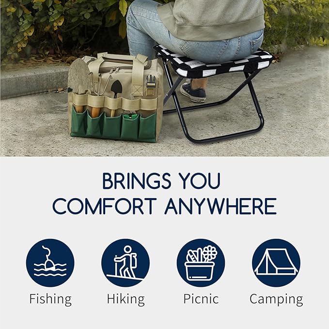 Collapsible Stool Camping Folding Stools: 1.1lbs Lightweight Portable Foot Stool Load 300lbs - 10.5 Inch Camping Chair Fishing Hiking Gardening Beach BBQ with Carry Bag Easy Transport (Black & White)