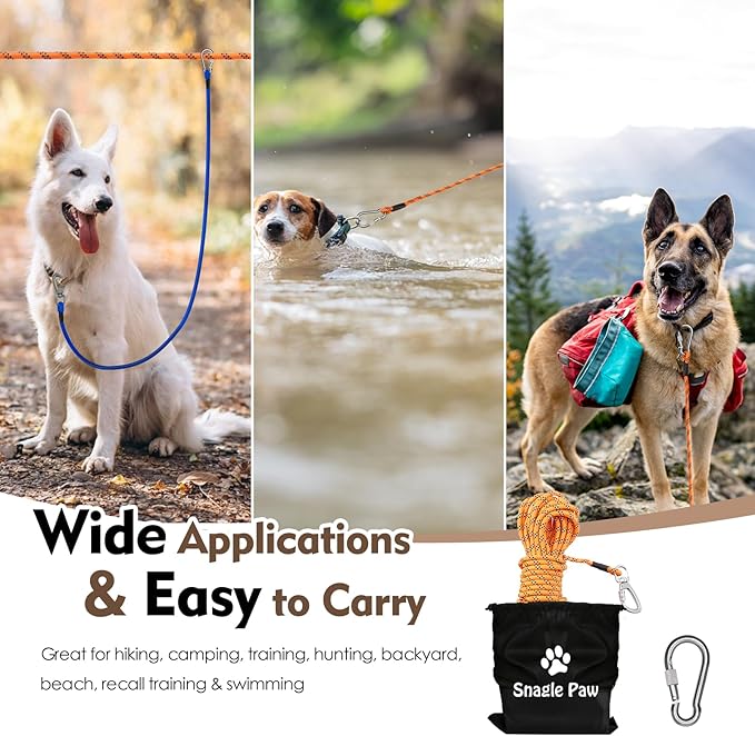 Snagle Paw Dog Runner for Yard 3 in 1, 75FT Dog Training Leash with Handle for Small Medium Large Dogs, Reflective Rope Dog Tie Out Cable with Carabiner for Yard,Park,Camping (Orange for 1 Dog)