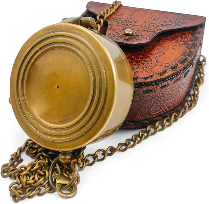 Brass Pocket Compass Hand Made Fully Functional Compass Antique Nautical Replica Item with Leather Case.