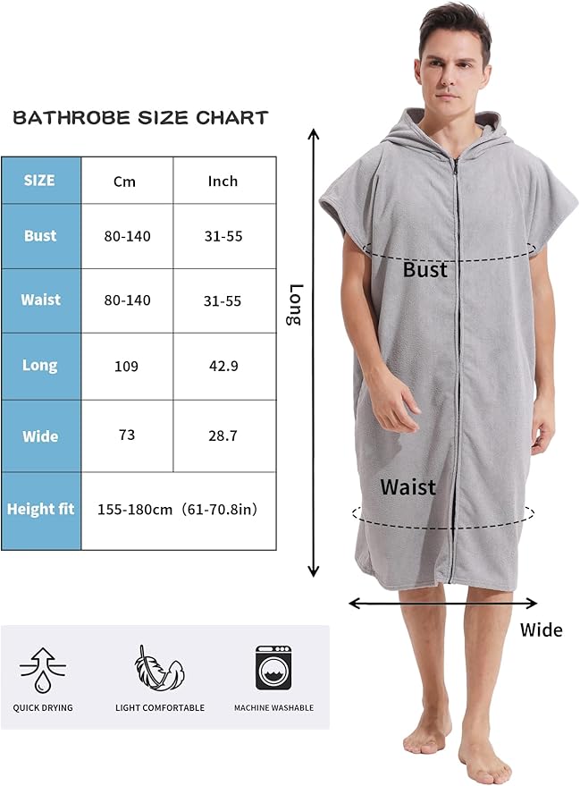 Surf Poncho Hooded Changing Towel Swim Robe with Zipper Plus Size Terry Cloth Swim Cover Up for Adults Men Women Towel Poncho Hoodie surfing accessories(Black) (Grey)