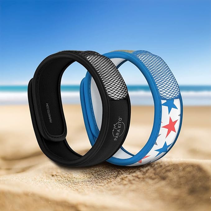 PARA'KITO Mosquito Repellent Bracelets + Refill Pellets Bundle | w/Peppermint Oil, Essential Oils | Hiking & Camping Accessories | Paraben Free, DEET Free - 2 Wristbands & 2 Refills (Black + Stars)