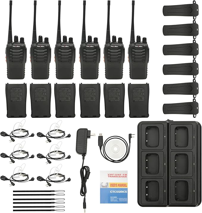 Walkie Talkies Rechargeable Two-Way Radios: MaxTalker Walkie Talkie Earpiece with Mic, Portable UHF Radio with 6 Way Multi Unit Charger, 6 Pack Long Range Walkie Talkies for Adults Team Management