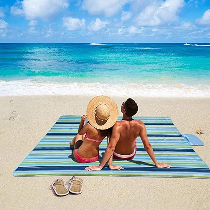 RUIBOLU Large Picnic Blanket, Beach Blankets(80X60) Inch Sandproof Beach Mat for 3-5 Adults Waterproof Quick Drying Outdoor Picnic Mat for Travel Camping Park Lawn (Blue Stripes)